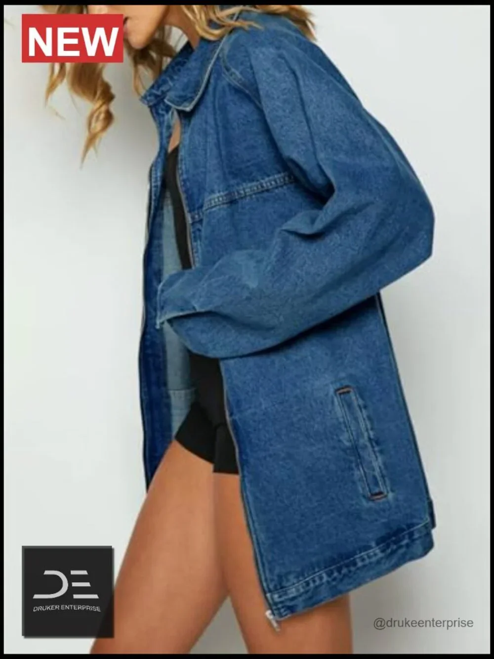 Oversized Denim Jacket with Zip Up Long Sleeve Slant Pockets